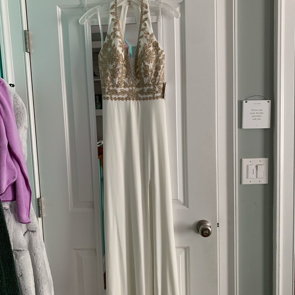 White and gold prom dress